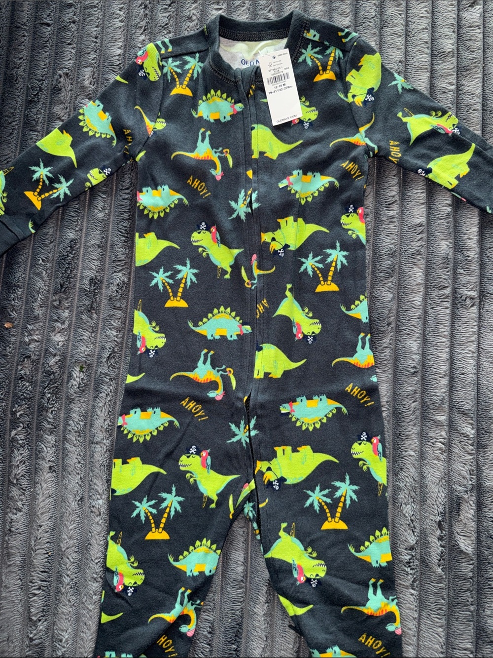 Old Navy gray One-Piece pajamas with Bright Green Dino Print-aloha